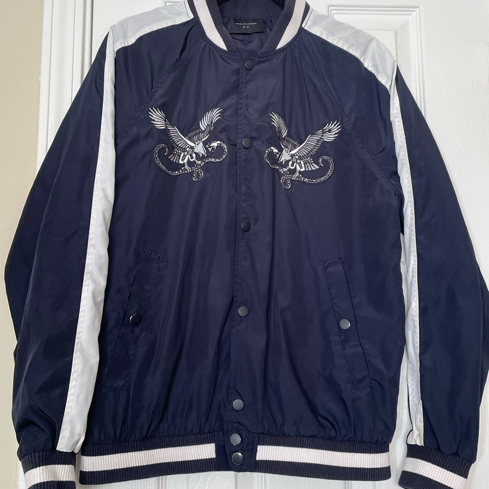 Cotton On Navy and White Varsity Bomber‎ Jacket with Embroidered Eagles